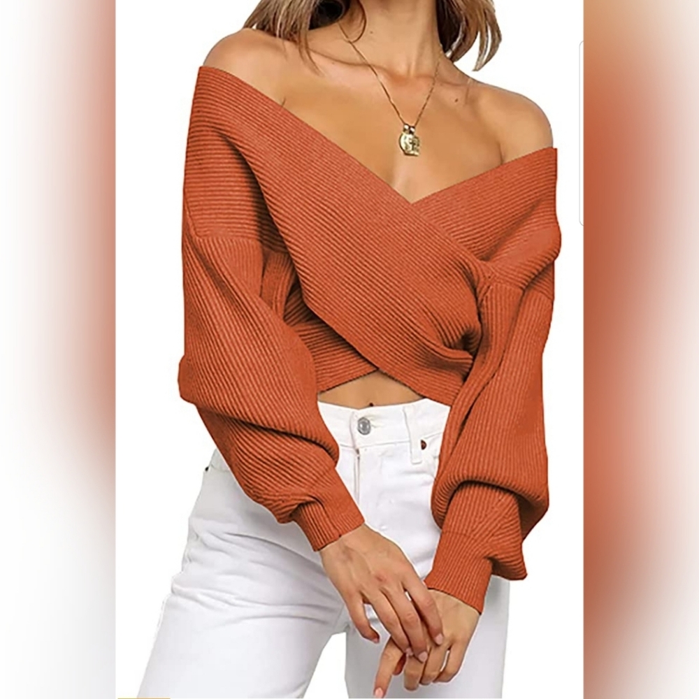 🌞 Casual V Neck Long Sleeve Sweaters Cross Wrap - Picture 1 of 4